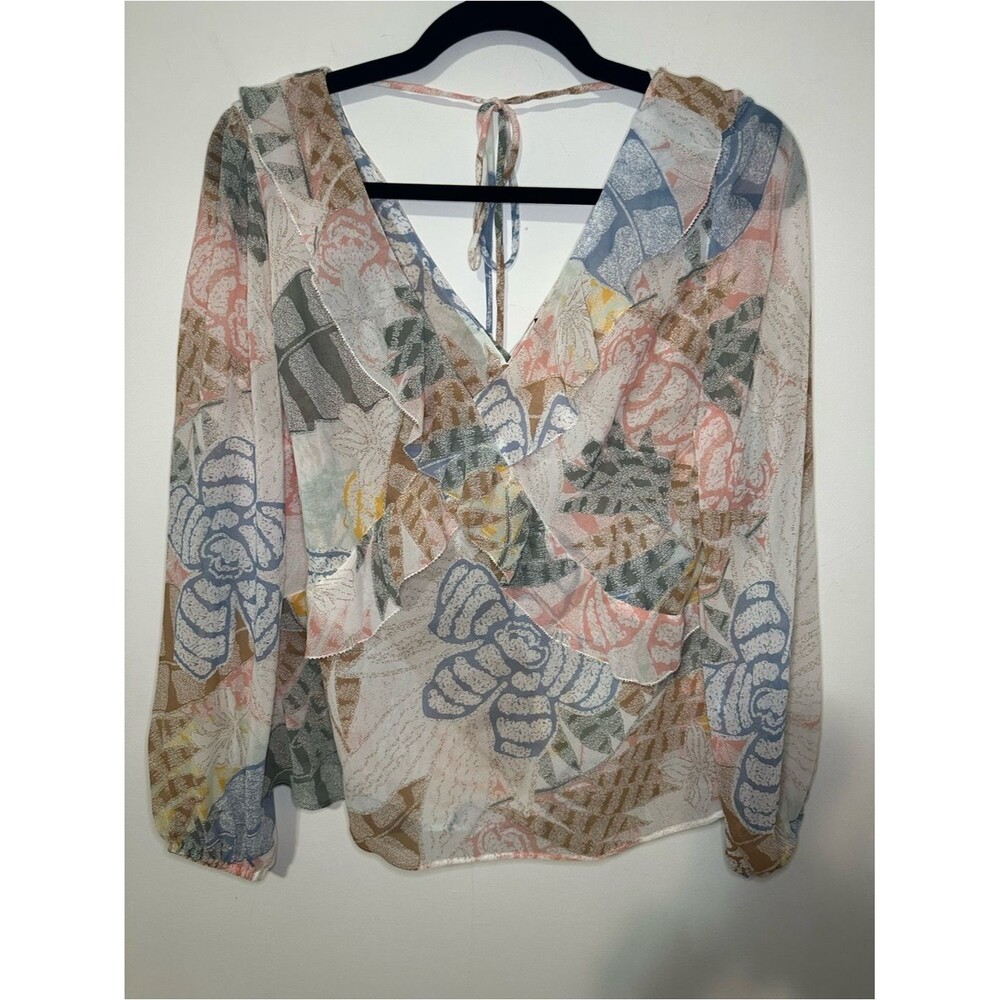 White House BlackMarket Floral Long SLV‎ Raffle Front Blouse SZ S V Neck Multi - Picture 5 of 14
